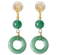 Traditional Chinese Jade Green Clip-On Earrings, Gold-Plated Metal Drop Dangles, Vintage Fashion Jewelry For Women, Idea