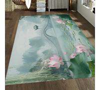 Traditional Chinese Landscape Art 120x240cm Area Rug Pink Lotus Blossoms Misty Mountain Peaks Stone Arch Bridge Rugs Bedroom Living Room Carpet Washable