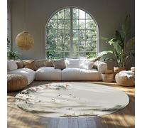 Traditional Chinese Landscape Round Rug 135cm（Round） Pink Peonies Boats Flying Birds Misty Mountains Soft Carpet for Living Room Home Office