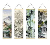 Traditional Chinese Landscape Scroll Art Set, Black and White Oriental Wall Hanging, Ancient Asian Wall Decor for Living Room Bedroom, 12"x37.8" 4 Piece (#3)