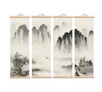 Traditional Chinese Landscape Scroll Art Set, Black and White Oriental Wall Hanging, Ancient Asian Wall Decor for Living Room Bedroom, 12"x37.8" 4 Piece (#1)