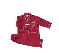 Traditional Chinese Martial Arts 2 Piece Uniform Set, Long Sleeve Tang Style Outfit, Breathable Loose Fit Kung Fu Tai Chi Wing Chun Costume for Boys and Girls Training Sessions(Wine, 8 Years)