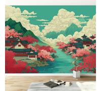 Traditional Chinese Mountains Flowers Modern Panoramic Wall Mural, Teal High-Resolution Non-Woven Wallpaper 350W x 256H cm - Oversized 3D Visual Art Poster for Kids Room, Bedroom & Corridor
