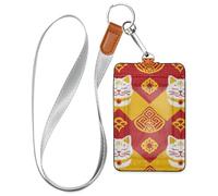 Traditional Chinese Pattern Cat Yellow Work Badge Holder with Lanyard and 3-Card Capacity Security Card Holder for Office Worker Nurse Teacher Student