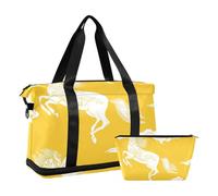Traditional Chinese Pattern Horse Yellow White Large Travel Duffel Luggage with Wet Pocket Adjustable Strap Large Gym Bag for Business Trips Foldable for Men Women