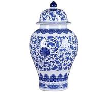 Traditional Chinese Porcelain Ginger Jar - Handcrafted Ceramic Vase with Lid - Elegant Blue and White Antique Decor for Living Room Kitchen or Office - Perfect for Home Decoration (Large)