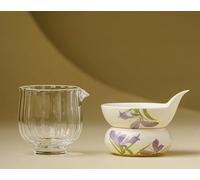 Traditional Chinese Porcelain Tea Set - Hand-Painted Iris, Intangible Heritage Craft, Elegant Tea Ware for Home & Gifting (Tea Filter Set & Lotus-shaped Tea Sharing Pitcher)