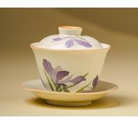 Traditional Chinese Porcelain Tea Set - Hand-Painted Iris, Intangible Heritage Craft, Elegant Tea Ware for Home & Gifting (Three-piece Tea Bowl)