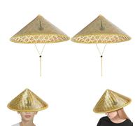 Traditional Chinese Rice Bamboos Hat, 2 Pack Retro Asian Sun Hat, Handmade Chinese Retro Bamboos Rattan Hats, Bucket Hats with Adjustable Cord, Waterproof Asian H at for Fishing Gardening Camping