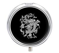 Traditional Chinese Silver Grey Dragon on Black Dark Iron Pill Box Case Organizer with Internal Separate Plastic Dividers, Travel Small Medicine Bag Holder Carrier Round Container