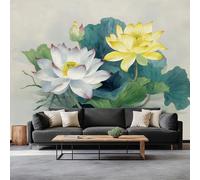 Traditional Chinese Style Wallpaper Mural Plant Lotus Leaf Flower Effect Wall Mural, Non-Woven Print Photo Wallpaper for Bedroom Living Room Kitchen Office Kids Decor 350 x 256 cm