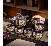 Traditional Chinese Tea Set with Dragon Design, Ceramic Teapot and 6 Cups, Black with Colourful Dragon Motif