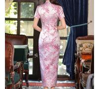Traditional Chinese Women's Long Dress with Cheongsam Identity, Standing Collar and Side Split Integration (L Pink)