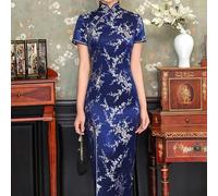 Traditional Chinese Women's Long Dress with Cheongsam Identity, Standing Collar and Side Split Integration (L Dark Blue)