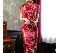 Traditional Chinese Women's Long Dress with Cheongsam Identity, Standing Collar and Side Split Integration (L Wine Red)