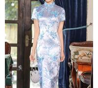Traditional Chinese Women's Long Dress with Cheongsam Identity, Standing Collar and Side Split Integration (S Light Blue)