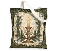 Traditional Christmas Candle Pine Wreath Canvas Tote Bag 13x15 Inch | Pine Branches, Berries, Snowflake Motifs, Plaid Background, Vintage Candlestick, Cozy Winter Atmosphere
