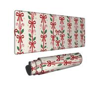 Traditional Christmas Candy Cane and Bow Pattern Large Mouse Pad 16x36 Inch | Red Bows, Keyboard Mat, Green Holly, Cream Background, Vertical Stripes, Seasonal Desk Accessory