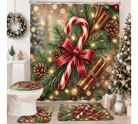 Traditional Christmas Candy Cane and Pine Decor Shower Curtain Sets