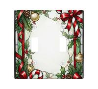 Traditional Christmas Candy Cane And Pine Double Light Switch Cover Plate | Red Ribbons, Pine Branches, Stained Glass Style, Winter Botanical Theme, Ornaments, Holly Leaves