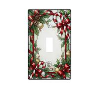 Traditional Christmas Candy Cane And Pine Garland Toggle Switch Plate | Red Ribbons, Pine Branches, Stained Glass Style, Winter Botanical Theme, Ornaments, Holly Leaves