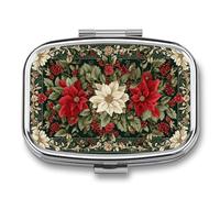 Traditional Christmas Floral Red Holly Berries Pill Box 2 Compartment Portable Medicine Pill Case Travel Pill Organizer for Pocket Purse