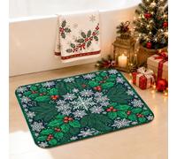 Traditional Christmas Holly and Snowflake Bathroom Rugs 16x24 Inch | Snowflake Pattern, Shower Toilet Rug, Red Berries, Winter Botanical, Cozy Seasonal Accents, Holiday Bathroom Decor