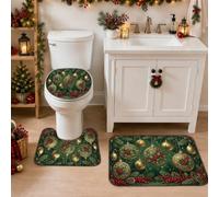 Traditional Christmas Ornament Decor Ornaments Bathroom Rugs Sets 3 Piece | Pine Branches, Shower Toilet Rug, Holly Berries, Seasonal Home Decor, Winter Bathroom Theme, Elegant Holiday Aesthetic