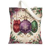 Traditional Christmas Ornament Print Ornaments Canvas Tote Bag 13x15 Inch | Hanging Ornaments, Pine Needles, Snowflake Details, Winter Aesthetic, Festive Home Decor, Seasonal Shopping Accessory