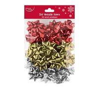 Traditional Christmas Red, Silver & Gold Metallic Gift Ribbon Bows - Pack of 16 Festive Present Wrapping Accessories