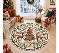 Traditional Christmas Tree and Reindeer Round Area Rug 5ft | Stylized Reindeer, Round Carpet, Holly Berries, Traditional Style, Winter Seasonal Decor, Cozy Holiday Ambiance