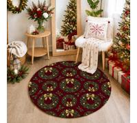 Traditional Christmas Wreath Pattern Round Area Rug 3ft | Golden Bows, Circle Rug, Holly Berries, Traditional Decor, Winter Living Room, Cozy Holiday Atmosphere
