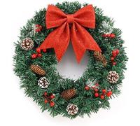 Traditional Christmas Wreath with Bow - 50cm /20" Large Artificial Floral Front Door Decoration - Festive Hanging Xmas Ornament Garland Style 4