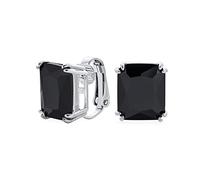 Traditional Classic Black Radiant Cut Rectangle AAA CZ Fashion Statement Large Solitaire Clip On Stud Earrings For Women Silver Plated Non Pierced Simulated Onyx 12x14MM