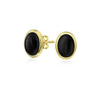 Traditional Classic Gemstone Black Onyx Bezel Set Dome Button Oval Stud Earrings For Women Gold Plated .925 Sterling Silver