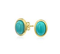 Traditional Classic Gemstone Stabilized Blue Turquoise Amber Bezel Set Dome Button Oval Stud Earrings For Women Gold Plated .925 Sterling Silver