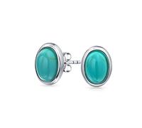 Traditional Classic Gemstone Stabilized Blue Turquoise Amber Bezel Set Dome Button Oval Stud Earrings For Women .925 Sterling Silver