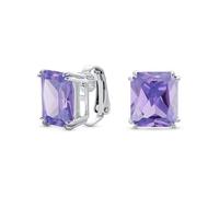 Traditional Classic Large Statement Emerald Cut Simulated Lavender Amethyst AAA CZ Solitaire Clip On Stud Earrings For Women Silver Plated Non Pierced 14MM