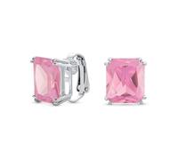 Traditional Classic Large Statement Emerald Cut Simulated Pink Tourmaline AAA CZ Solitaire Clip On Stud Earrings For Women Silver Plated Non Pierced 14MM