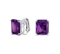 Traditional Classic Large Statement Emerald Cut Simulated Purple Amethyst AAA CZ Solitaire Clip On Stud Earrings For Women Silver Plated Non Pierced 14MM