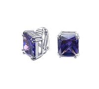 Traditional Classic Large Statement Emerald Cut Simulated Purple Amethyst AAA CZ Solitaire Clip On Stud Earrings For Women Silver Plated Non Pierced 14MM