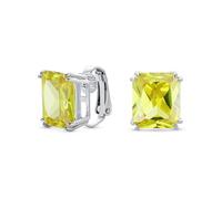 Traditional Classic Large Statement Emerald Cut Simulated Yellow Topaz AAA CZ Solitaire Clip On Stud Earrings For Women Silver Plated Non Pierced 14MM