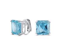Traditional Classic Large Statement Square Princess Cut Simulated Blue Aquamarine AAA CZ Solitaire Clip On Stud Earrings For Women Silver Plated Non Pierced 12MM