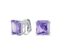 Traditional Classic Large Statement Square Princess Cut Simulated Lavender Amethyst AAA CZ Solitaire Clip On Stud Earrings For Women Silver Plated Non Pierced 12MM