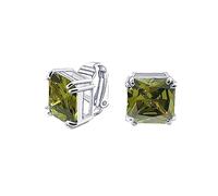 Traditional Classic Large Statement Square Princess Cut Simulated Olive Green Peridot AAA CZ Solitaire Clip On Stud Earrings For Women Silver Plated Non Pierced 12MM