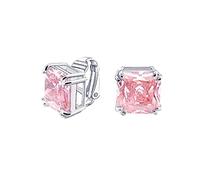 Traditional Classic Large Statement Square Princess Cut Simulated Pink Tourmaline AAA CZ Solitaire Clip On Stud Earrings For Women Silver Plated Non Pierced 12MM