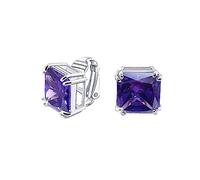 Traditional Classic Large Statement Square Princess Cut Simulated Purple Amethyst AAA CZ Solitaire Clip On Stud Earrings For Women Silver Plated Non Pierced 12MM