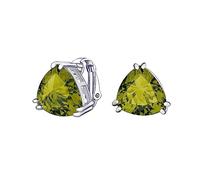 Traditional Classic Large Statement Triangle Trillion Cut Simulated Olive Green Peridot AAA CZ Solitaire Clip On Stud Earrings For Women Silver Plated Non Pierced 12MM