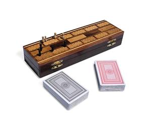 Traditional classic wooden cribbage board with pegs and two packs of playing cards | internal storage area | Retro wooden board set | crib board