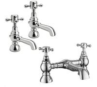 Traditional Crosshead Basin Pillar Taps and Bridge Bath Filler Set - Chrome